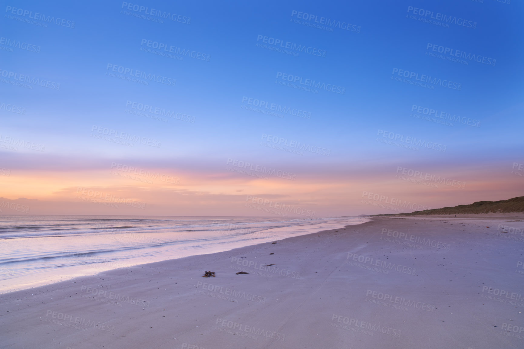 Buy stock photo Travel, coastline and sky with horizon at beach for environment, landscape or holiday destination. Empty, nature and ocean with waves for tourism, summer vacation or weekend getaway in Denmark