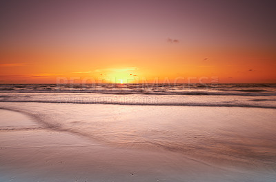 Buy stock photo Sky, landscape or coast on beach at sunset with calm, peace or zen background for holiday, travel or vacation. Horizon, heaven or view of ocean, nature or sea in Denmark for break, paradise and trip