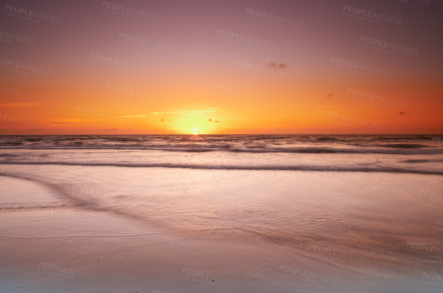 Buy stock photo Sky, landscape or coast on beach at sunset with calm, peace or zen background for holiday, travel or vacation. Horizon, heaven or view of ocean, nature or sea in Denmark for break, paradise and trip