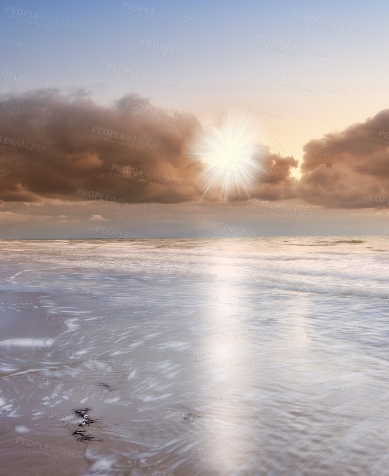 Buy stock photo Sunrise, waves or clouds with landscape of beach for travel location, holiday and vacation in Denmark. Sky, foam or sunset with background of natural environment with sea shore for tropical adventure