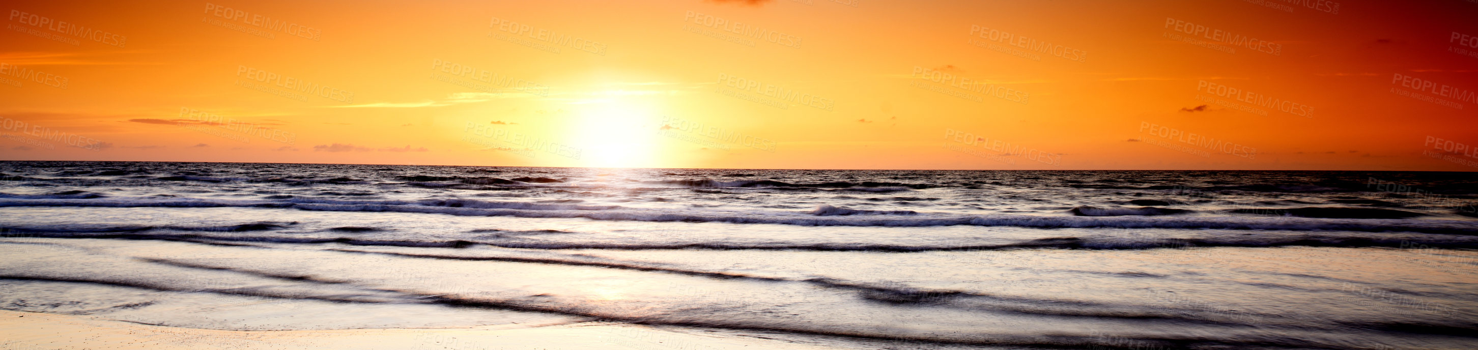 Buy stock photo Sky, landscape or water on beach at sunset with calm, peace or zen background for holiday, travel or vacation. Horizon, banner or view of ocean, nature or sea in Denmark for break, paradise and trip