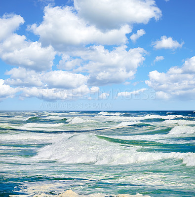 Buy stock photo Nature, waves and sky with clouds at ocean for environment, seascape or holiday destination. Empty, travel and water ripples with tourism for outdoor, summer vacation or weekend getaway in Denmark