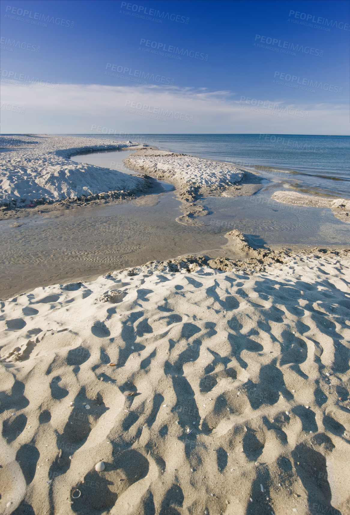 Buy stock photo Beach, nature and sand for sea holiday, sustainable vacation and Florida destination for travel. Summer, outdoor and calm water in Pacific Ocean for relax, shore coastline and clouds on blue sky