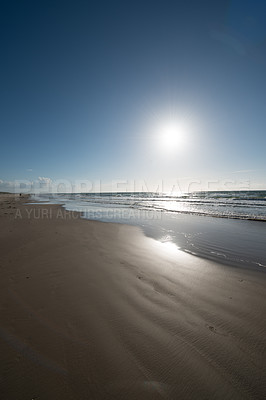 Buy stock photo Dark sky, sand or water on beach in summer with calm, peace or zen background for holiday, travel or vacation. Earth, nature and tide with view of ocean or sea in Denmark for climate, journey or trip