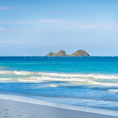 Buy stock photo Beach, nature and water wave in sea, sustainable vacation and Hawaii destination or travel holiday. Summer, island and outdoor or calm Pacific Ocean for relax, shore coastline and clouds on blue sky