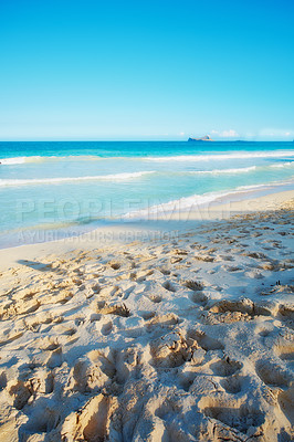 Buy stock photo Beach, nature and sand for sea destination, sustainable vacation and Hawaii holiday for travel. Summer, outdoor and calm water in Pacific Ocean for relax, shore coastline and clouds on blue sky