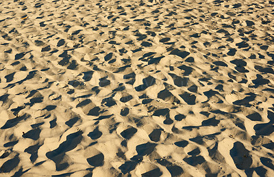 Buy stock photo Texture, floor and sand on beach with closeup, coastline and shore of island for vacation or peaceful getaway. Tropical  surface, beachscape and sandy coast for adventure in Hawaii or summer holiday.