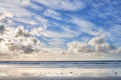 Buy stock photo Beach, ocean and horizon with clouds in nature, Florida and destination for relaxing or calm holiday. Summer, sunset and tranquil water or sea sand, outdoor and vacation for getaway for weekend break