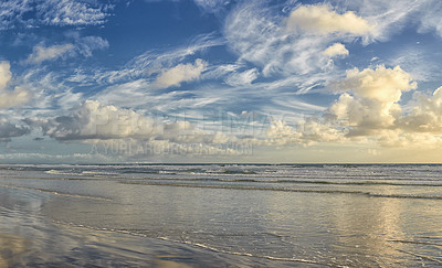 Buy stock photo Beach, ocean and horizon with natural clouds, Florida and destination for relaxing or calm holiday. Summer, sunset and tranquil water or sea sand, outdoor and vacation for getaway for weekend break