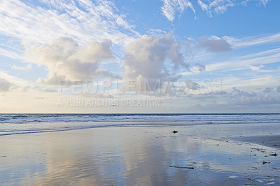 Buy stock photo Beach, sea and horizon with natural clouds, Florida and destination for relaxing or calm holiday. Summer, sunset and tranquil water or ocean sand, outdoor and vacation for getaway for weekend break