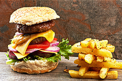 Buy stock photo Beef, burger and fries on menu in diner restaurant with lettuce, tomato and cheese on bread. Bbq, hamburger and fast food promo with meat, salad and potato chips in cafeteria for dinner or lunch