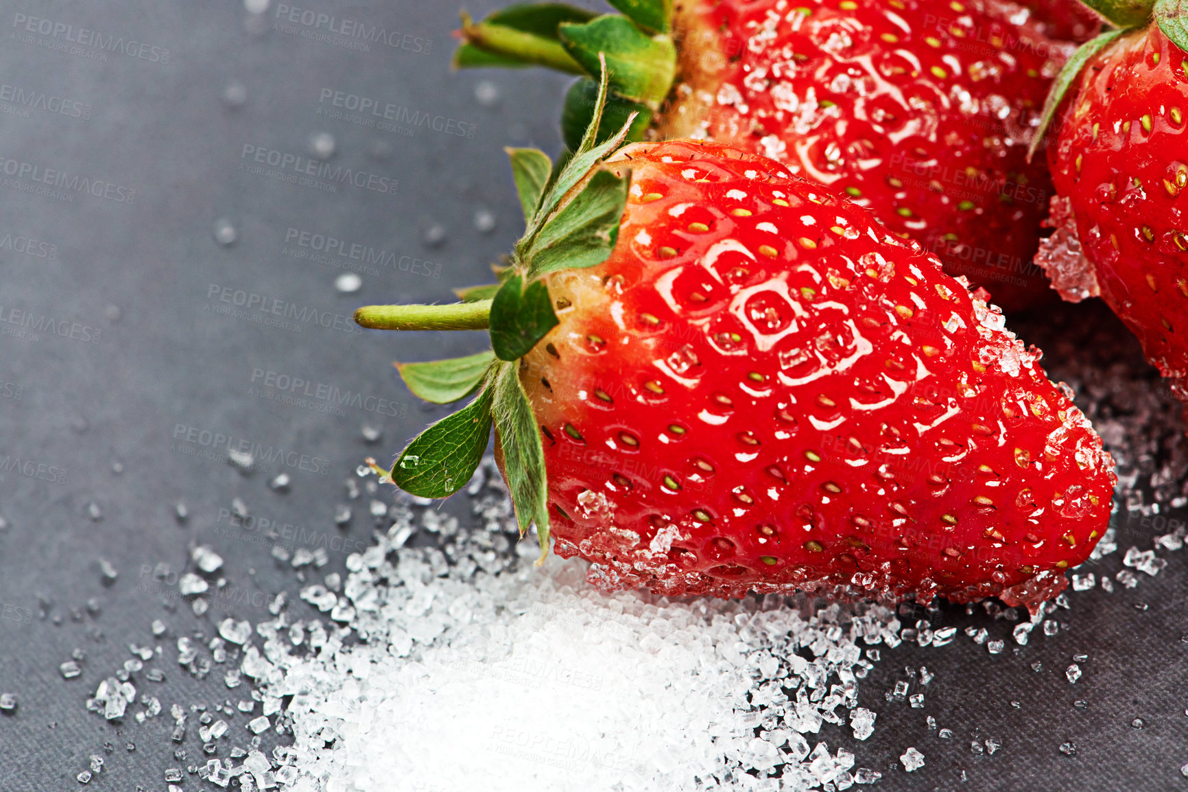 Buy stock photo Closeup, health or strawberry on sugar in kitchen of home on counter for diet, natural vitamin c or nutrition. Vegan, background or fruit on sweet surface in apartment or house for detox or minerals