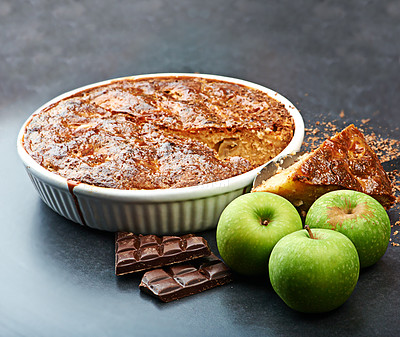 Buy stock photo Dessert, baking and pastry with apple pie on table for sweet, natural and fresh for balanced diet. Handmade, snack and chocolate baked dish with healthy, benefits and nutrition with fruit for bakery