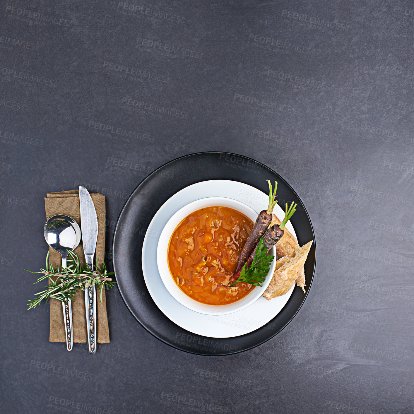 Buy stock photo Vegetable, soup and bread on menu in restaurant with bowl of healthy food for diet and nutrition benefits. Dinner, dish and luxury appetizer course in fine dining kitchen with carrot on plate