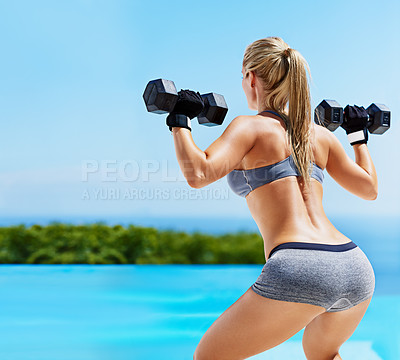 Buy stock photo Woman, dumbbell and squat outdoor for fitness, health and strong muscle with growth by pool. Female person, exercise and weight lifting for workout, training and healthy summer body with blue sky