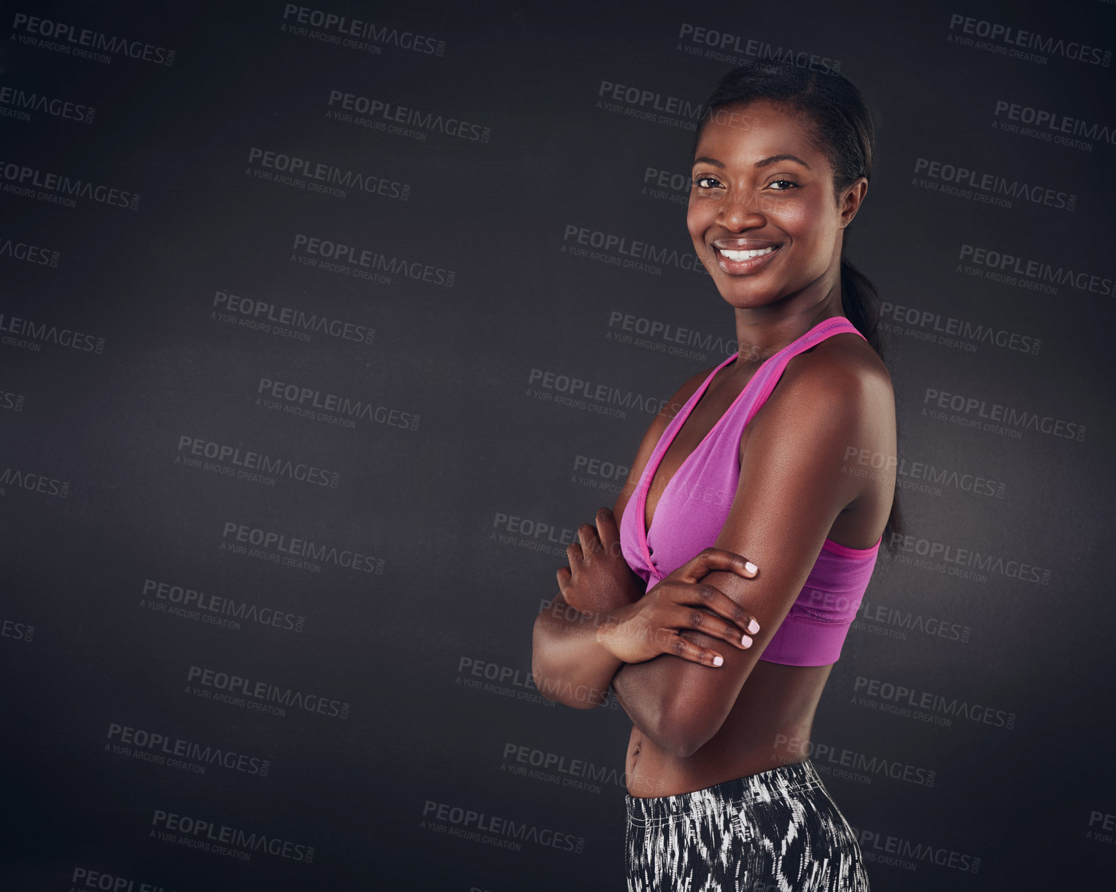 Buy stock photo Arms crossed, fitness and portrait of black woman in studio for health, personal trainer and gym workout. Wellness, training and mockup space with person from Ghana on dark background for exercise