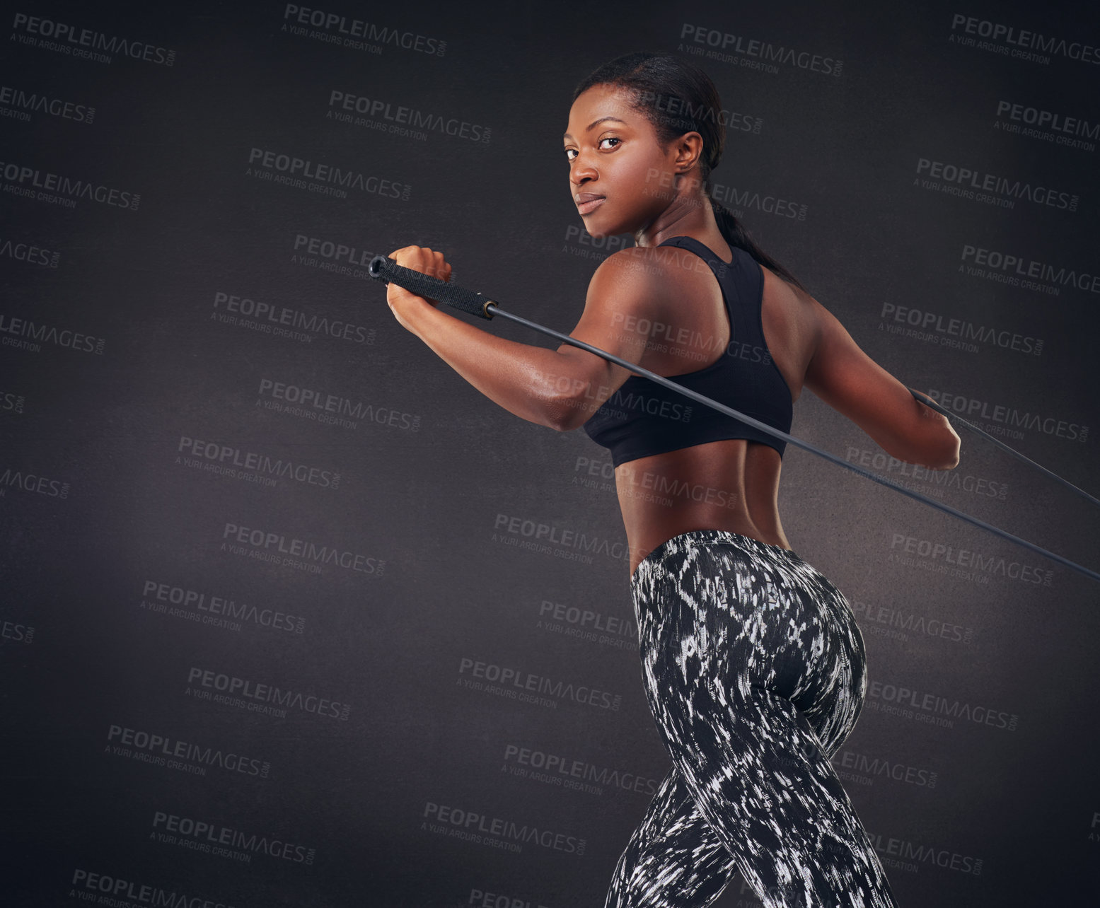 Buy stock photo Black woman, portrait and studio with resistance band for fitness on a dark background. African, female person or athlete with rope or pull for exercise, workout or sports training on mockup space