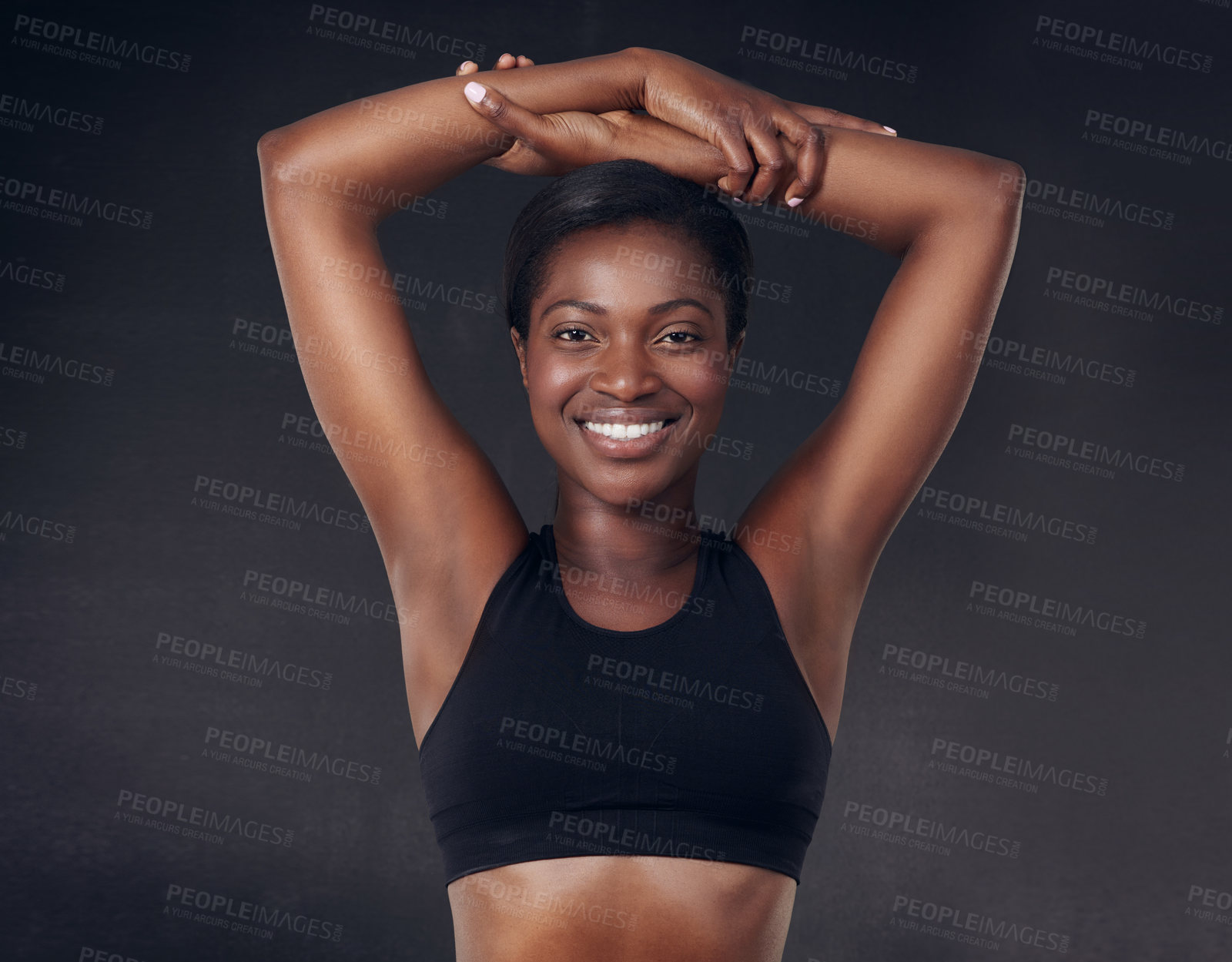 Buy stock photo Stretching, fitness and smile with portrait of black woman in studio for health, personal trainer or gym workout. Wellness, training and warm up with person from Ghana on dark background for exercise