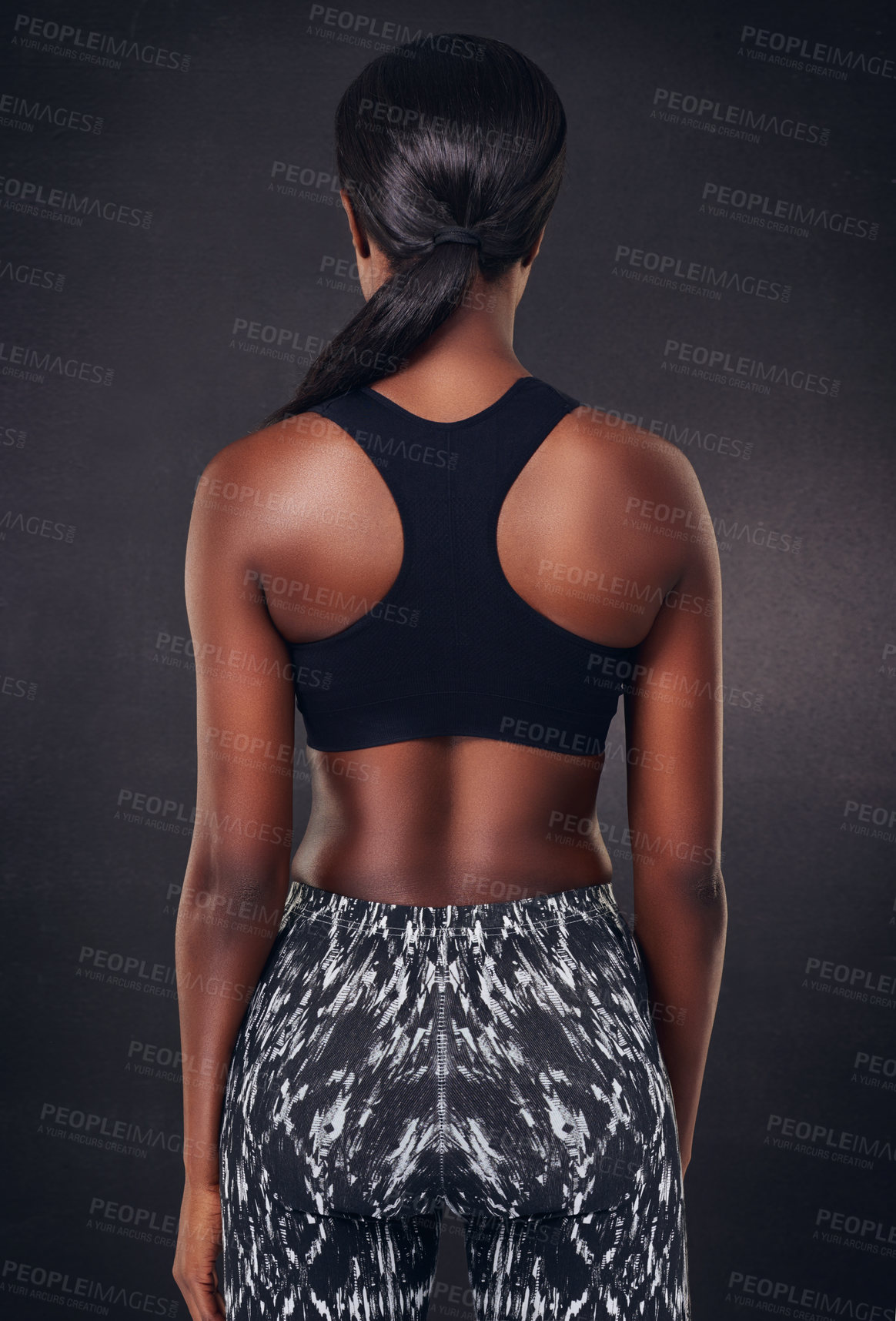 Buy stock photo Back, fitness and health with black woman in studio for sports, personal trainer and gym workout. Wellness, training and athlete with person on dark background for exercise, body and muscle
