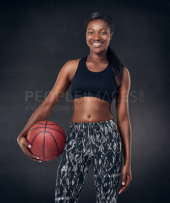 Buy stock photo Black woman, portrait and basketball player in studio, fitness and ready for game on dark background. Female person, training confidence and preparation for competition, exercise and athlete workout