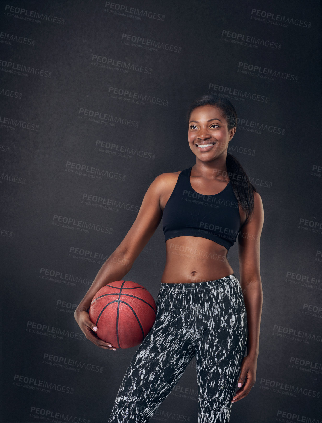 Buy stock photo Black woman, thinking and basketball player in studio, sports and plan for game on dark background. Female person, training solution and preparation for competition, exercise and athlete workout