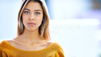 Buy stock photo Business woman, portrait and confident in creative agency, office and workplace for startup company. Professional, designer and face of young female person for worker, employee or entrepreneur
