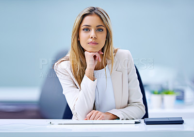 Buy stock photo Corporate, portrait and business woman at desk in office for accounting company, financial advisor or employee. Consultant, professional and female person for worker, staff or confidence in workplace