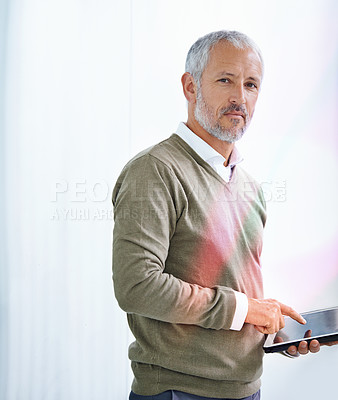 Buy stock photo Senior, business man and tablet for online schedule, planning agenda with CEO of finance company in portrait. Digital, networking and tech app for project management with serious boss at office