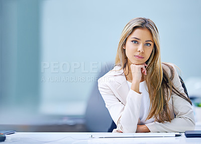 Buy stock photo Corporate, portrait and businesswoman at desk in office for accounting company, financial advisor or employee. Consultant, professional and female person for worker, staff or confidence in workplace