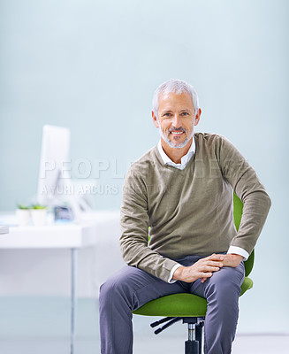 Buy stock photo Businessman, chair and portrait of manager in office for financial career, accounting and pride. Mature employee, confidence and professional person with happiness for corporate company, job and work