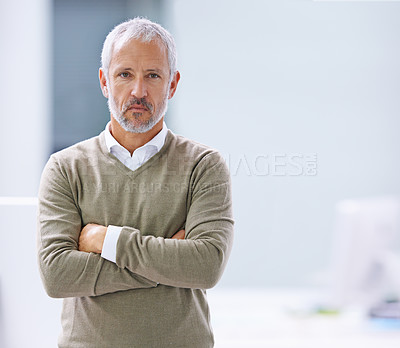 Buy stock photo CEO, portrait and confident businessman with arms crossed in office, startup company or creative agency. Designer, entrepreneur and face of mature man for professional, career or management