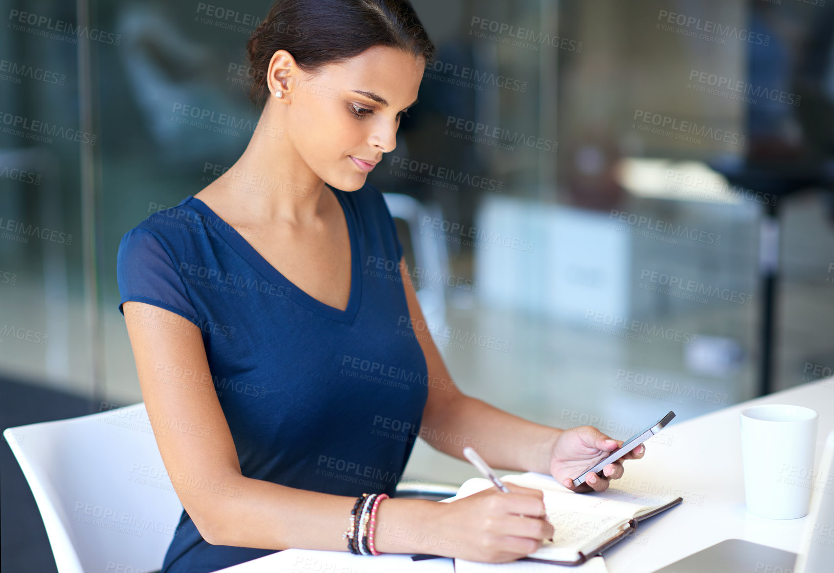 Buy stock photo Business woman, writing or phone with book for schedule planning, notes or work agenda at office. Female person, secretary or diary with mobile smartphone for reminder, tasks or workflow at workplace