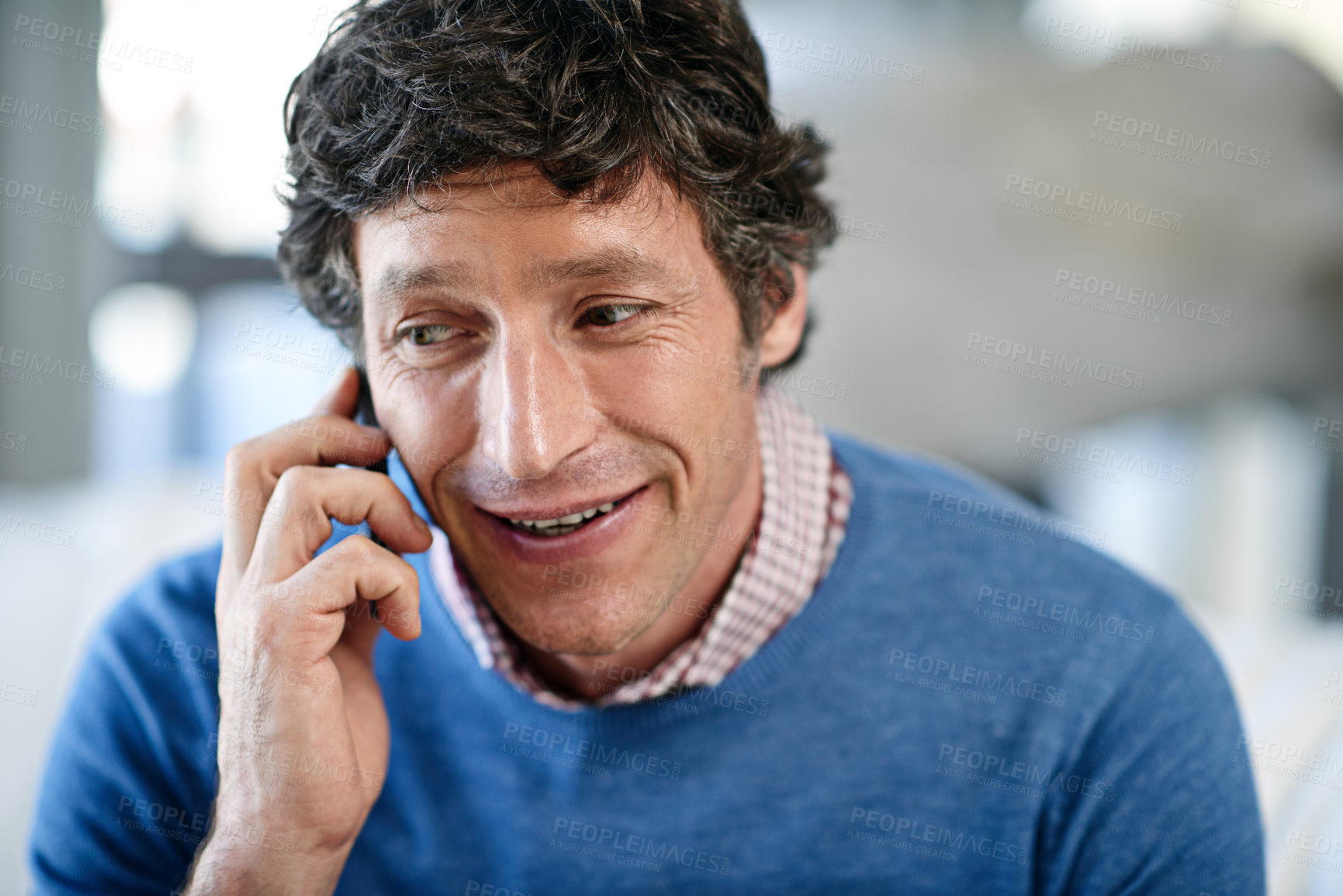 Buy stock photo Man, advisor and phone call in office for communication, negotiation offer and speaking to client. Male person, online and discussion with business contact in workplace, financial consultant and app