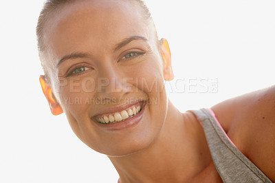 Buy stock photo Closeup portrait of an attractive woman standing outside on a sunny day