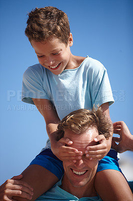 Buy stock photo Happy dad, son and holiday with shoulder for summer vacation, outdoor bonding or playful day. Father, child or carrying kid with smile, eyes closed or blue sky for weekend surprise or fun childhood