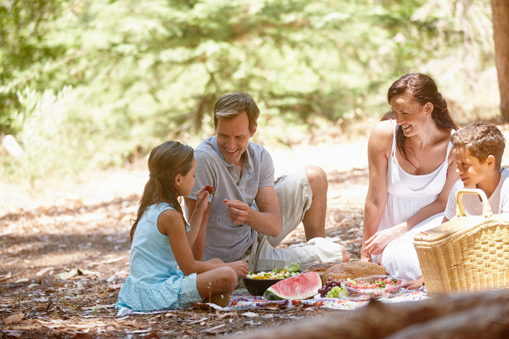 Buy stock photo Shot of a happy family having a picnic in the forest