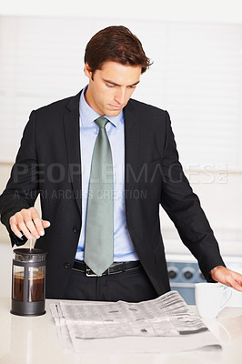 Buy stock photo Business man, newspaper and reading in kitchen with coffee, thinking and ideas with global market information. Trader, investor and morning paper for announcement, stock or decision for financial job