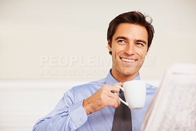 Buy stock photo Business man, reading newspaper and smile with coffee for thinking, idea or check stats on global market. Trader, investor or happy for revenue announcement in morning paper with decision for finance