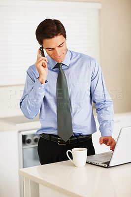 Buy stock photo Businessman, phone call and laptop with coffee for discussion or communication in kitchen at home. Man or employee talking on mobile smartphone for morning conversation, computer and tea at house