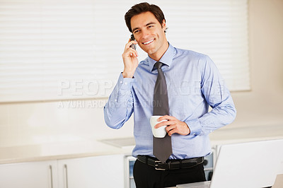 Buy stock photo Happy businessman, phone call and coffee for discussion or communication in kitchen at home. Man or employee smile and talking on mobile smartphone for morning conversation with cup of tea at house