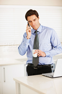 Buy stock photo Serious businessman, phone call and coffee for discussion or communication in kitchen at home. Man or employee talking on mobile smartphone for morning, business conversation and cup of tea at house