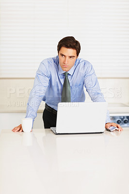 Buy stock photo Business man, laptop and thinking on kitchen at table with coffee, phone and ideas for problem solving. Lawyer, computer and brainstorming for solution, planning and decision for legal process