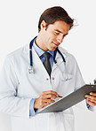 Young doctor with stethoscope writing on a notepad