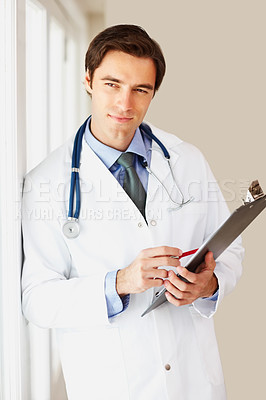 Buy stock photo Man, doctor and thinking with clipboard for prescription, research or checklist in medical history at hospital. Male person or surgeon in wonder for diagnosis, appointment or life insurance at clinic