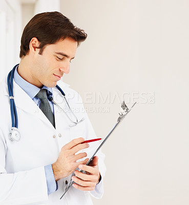 Buy stock photo Man, doctor and clipboard for prescription, research or checklist for medical history at hospital. Male person, surgeon or professional checking diagnosis, appointment or life insurance at clinic