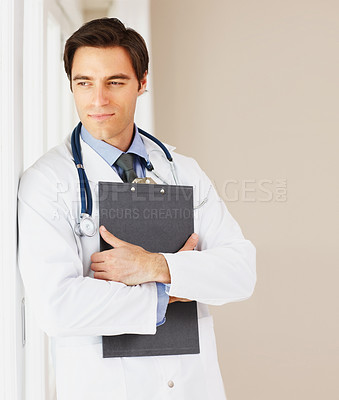 Buy stock photo Man, doctor and thinking by window  at hospital with clipboard for prescription, research or medical historyl. Male person or surgeon in wonder for diagnosis, appointment or life insurance at clinic
