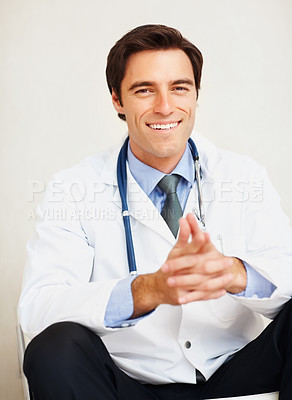 Buy stock photo Portrait, happiness and relax man, doctor or surgeon smile for medical support, wellness services or career experience. Hospital, cardiology and professional expert happy for clinic healthcare work