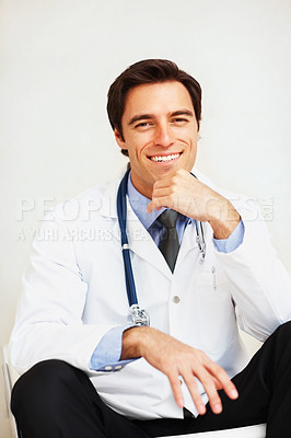 Buy stock photo Relax portrait, medical and happy man, doctor or surgeon for cardiology support, health services or healthcare commitment. Hospital, medic pride and clinic cardiologist trust, smile and confidence