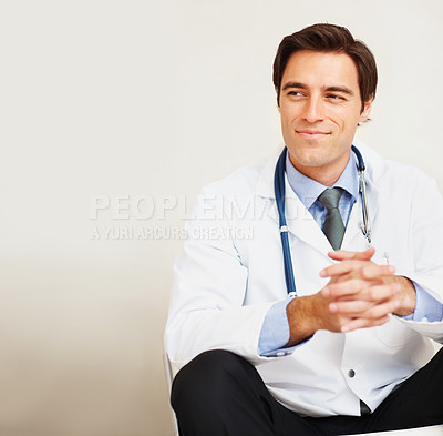 Buy stock photo Surgeon, thinking doctor and relax man brainstorming problem solving solution, healthcare or clinic ideas. Medical cardiology, mockup space and medicine development expert on white background wall