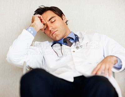Buy stock photo Burnout, tired doctor and sleeping man, health expert or exhausted surgeon dream, rest or nap after cardiology services. Eyes closed, relax medical GP and nurse fatigue in clinic healthcare hospital